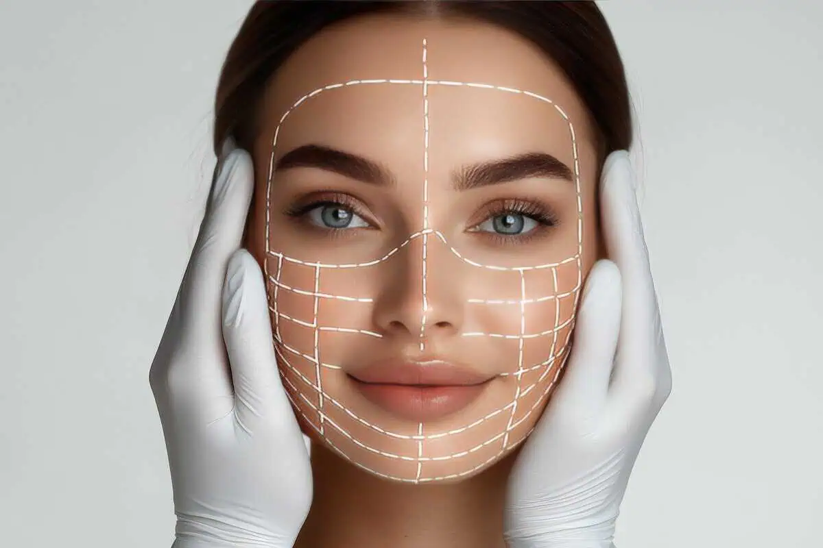 Close-up of a woman with facial mapping lines, symbolizing precision in Botox and dermal filler treatments for natural-looking results